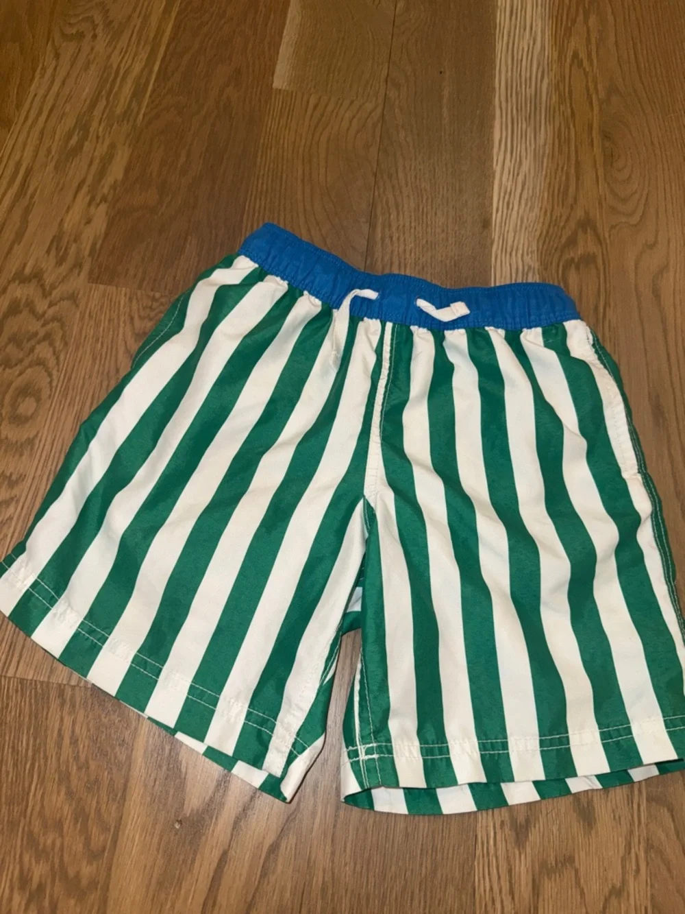 Hanna Andersson Green and White Striped Swim Trunks with Blue Waistband